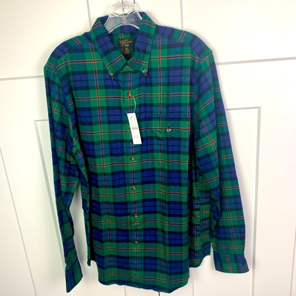 NWT J Crew Men’s MEDIUM Cashmere Blend Button Down Blue Green Plaid Flannel